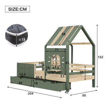 SONNENH Otroška postelja, 90 × 200 cm, masivni les / MDF, zelena, 204 × 95 × 152 cm, predali za shranjevanje, za spalnico