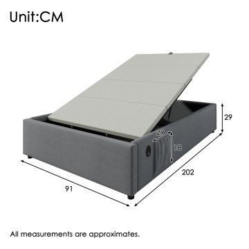 SONNENH Enojna postelja, 90 × 200 cm, siva, 202 × 91 × 29 cm, priključek usb, za spalnico