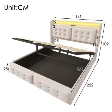 SONNENH Posteljni okvir, 140 × 200 cm, bež, 220 × 141 × 109 cm, led osvetlitev, priključek usb, za spalnico