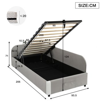 SONNENH Enojna postelja, 90 × 200 cm, žamet, bela / siva, 205 × 93.5 × 71 cm, prostor za shranjevanje, za spalnico