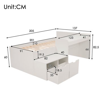 SONNENH Otroška postelja, 90 × 200 cm, masivni les / MDF, bela, 205 × 137 × 82.5 cm, predali za shranjevanje, za spalnico