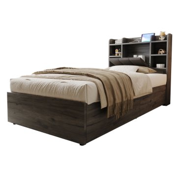 SONNENH Enojna postelja, 90 × 200 cm, MDF, siva, 221 × 94.2 × 99.5 cm, prostor za shranjevanje, priključek usb, za spalnico
