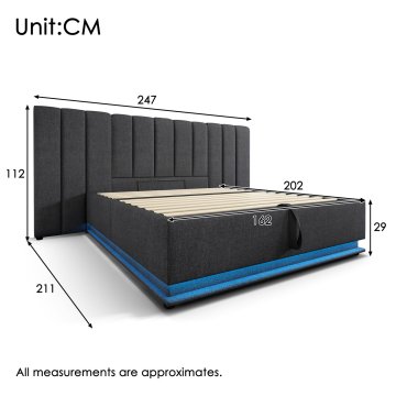 SONNENH Posteljni okvir, 160 × 200 cm, lan, siva, 211 × 247 × 112 cm, led osvetlitev, priključek usb, za spalnico