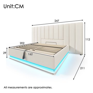 SONNENH Posteljni okvir, 160 × 200 cm, PU, bela, 211 × 247 × 112 cm, led osvetlitev, priključek usb, za spalnico
