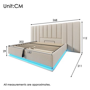SONNENH Posteljni okvir, 180 × 200 cm, lan, bež, 211 × 268 × 112 cm, led osvetlitev, priključek usb, za spalnico