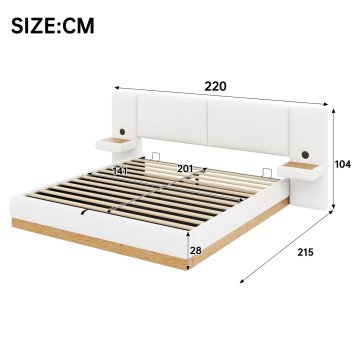 SONNENH Posteljni okvir, 140 × 200 cm, MDF / PU, naravna / bela, 215 × 220 × 104 cm, prostor za shranjevanje, priključek usb, za spalnico