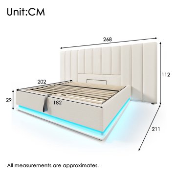 SONNENH Posteljni okvir, 180 × 200 cm, PU, bela, 211 × 268 × 112 cm, led osvetlitev, priključek usb, za spalnico