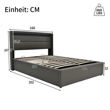 SONNENH Posteljni okvir, 160 × 200 cm, PU, siva, 202 × 166 × 107.5 cm, led osvetlitev, upravljanje z daljincem, za spalnico