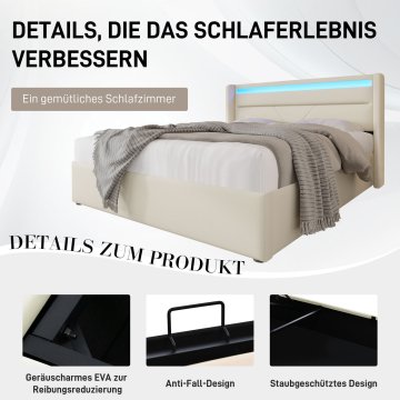 SONNENH Posteljni okvir, 160 × 200 cm, PU, bela, 202 × 166 × 107.5 cm, led osvetlitev, upravljanje z daljincem, za spalnico