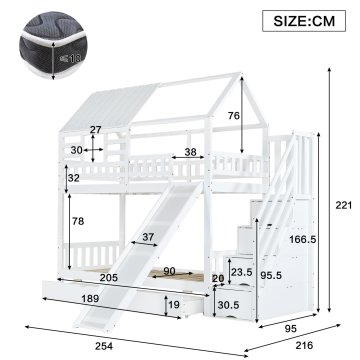 SONNENH Otroška postelja, 90 × 200 cm, masivni les / MDF, bela, 254 × 216 × 221 cm, predali za shranjevanje, prostor za shranjevanje