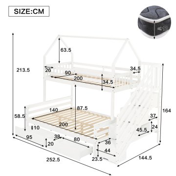 SONNENH Otroška postelja, 90 × 200 cm, masivni les / MDF, bela, 252.5 × 144.5 × 213.5 cm, predali za shranjevanje, izvedba s kolesi