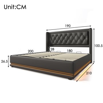 SONNENH Posteljni okvir, 180 × 200 cm, PU, črna, 210 × 190 × 101 cm, led osvetlitev, priključek usb, za spalnico