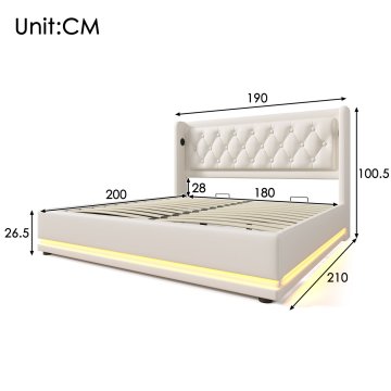 SONNENH Posteljni okvir, 180 × 200 cm, PU, bela, 210 × 190 × 101 cm, led osvetlitev, priključek usb, za spalnico