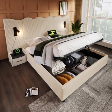 SONNENH Posteljni okvir, 180 × 200 cm, bež, 215 × 252 × 111 cm, priključek usb, za spalnico