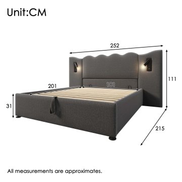 SONNENH Posteljni okvir, 180 × 200 cm, lan, siva, 215 × 252 × 111 cm, priključek usb, za spalnico