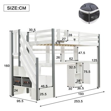 SONNENH Enojna postelja, 90 × 200 cm, masivni les / MDF, bela / siva, 253.5 × 95.5 × 160 cm, prostor za shranjevanje, za spalnico