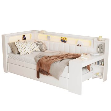 SONNENH Enojna postelja, 90 × 200 cm, bela, 237 × 103.5 × 93.5 cm, led osvetlitev, priključek usb, za spalnico