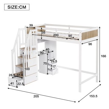 SONNENH Otroška postelja, 90 × 200 cm, masivni les / MDF, bela / naravna, 205 × 153.5 × 166 cm, predali za shranjevanje, za spalnico