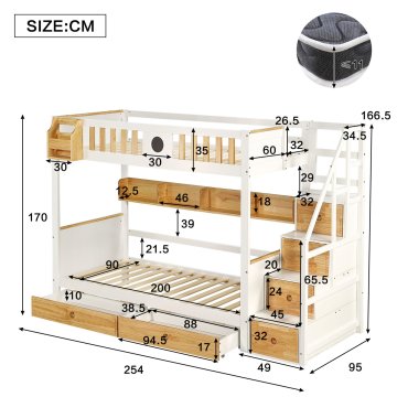 SONNENH Otroška postelja, 90 × 200 cm, masivni les / MDF, bela / naravna, 254 × 95 × 170 cm, predali za shranjevanje, prostor za shranjevanje