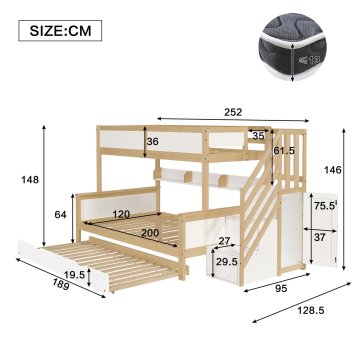 SONNENH Otroška postelja, 90 × 200 cm, masivni les / MDF, bela / naravna, 252 × 128.5 × 148 cm, za spalnico