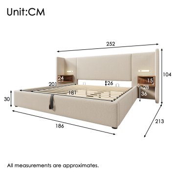 SONNENH Posteljni okvir, 180 × 200 cm, lan, bež, 213 × 252 × 104 cm, priključek usb, za spalnico