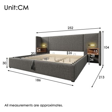 SONNENH Posteljni okvir, 180 × 200 cm, lan, siva, 213 × 252 × 104 cm, priključek usb, za spalnico