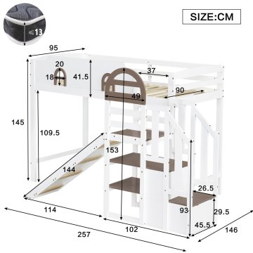 SONNENH Otroška postelja, 90 × 200 cm, masivni les / MDF, bela, 257 × 146 × 145 cm, prostor za shranjevanje, za spalnico