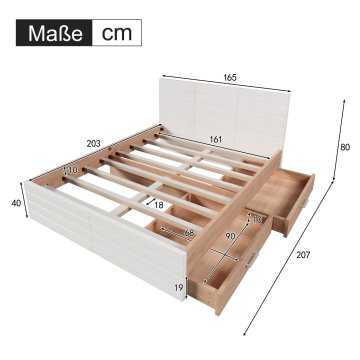 SONNENH Posteljni okvir, 160 × 200 cm, masivni les / MDF, 207 × 165 × 80 cm, predali za shranjevanje, za spalnico
