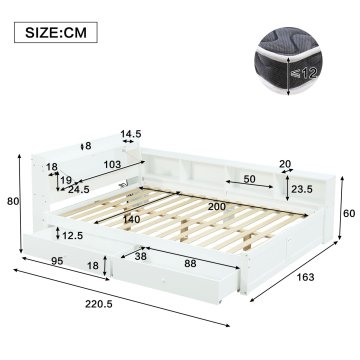 SONNENH Posteljni okvir, 140 × 200 cm, masivni les / MDF, bela, 220.5 × 163 × 80 cm, predali za shranjevanje, za spalnico
