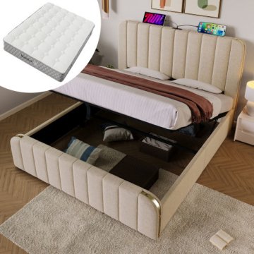 SONNENH Posteljni okvir, 180 × 200 cm, lan, bež, 216 × 190 × 101 cm, priključek usb, za spalnico
