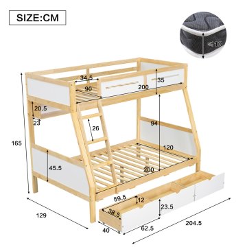 SONNENH Otroška postelja, 90 × 200 cm, masivni les / MDF, bela / naravna, 204.5 × 129 × 165 cm, predali za shranjevanje, izvedba s kolesi