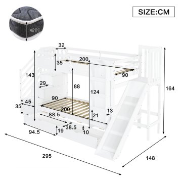 SONNENH Otroška postelja, 90 × 200 cm, masivni les / MDF, bela, 295 × 148 × 164 cm, predali za shranjevanje, izvedba s kolesi, za spalnico