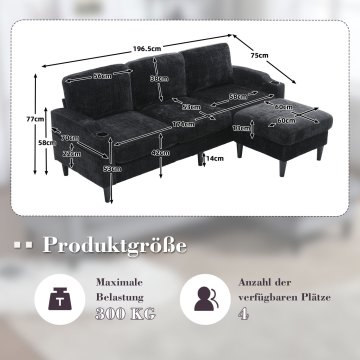 SONNENH Kavč, ženilja, črna, prostor za shranjevanje, nasloni za roke, za dnevno sobo