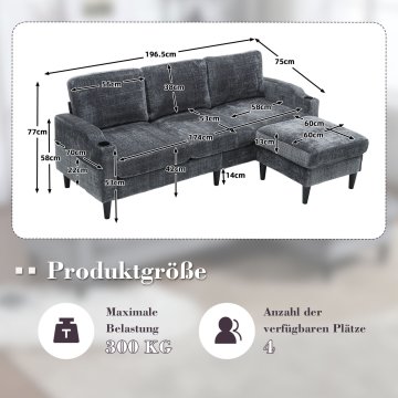 SONNENH Kavč, ženilja, siva, prostor za shranjevanje, nasloni za roke, za dnevno sobo