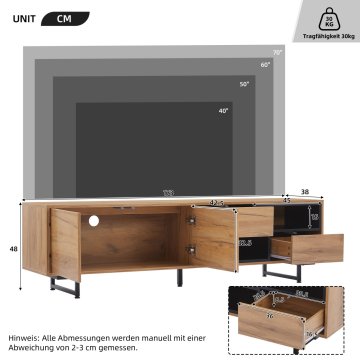 SONNENH TV omarica, 173 × 38 × 48 cm, iverna plošča, prostor za shranjevanje, za dnevno sobo