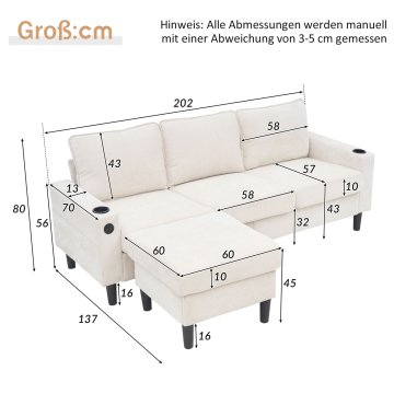 SONNENH Kavč, lan, bež, 202 × 137 × 80 cm, priključek usb, za dnevno sobo