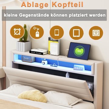 SONNENH Posteljni okvir, 160 × 200 cm, bež, 214 × 161 × 106 cm, led osvetlitev, priključek usb, za spalnico