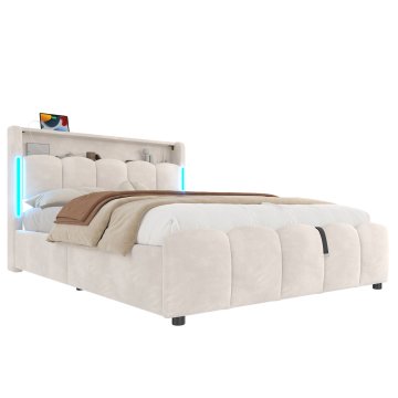 SONNENH Posteljni okvir, 140 × 200 cm, žamet, bež, 224 × 141 × 101 cm, led osvetlitev, priključek usb, za spalnico