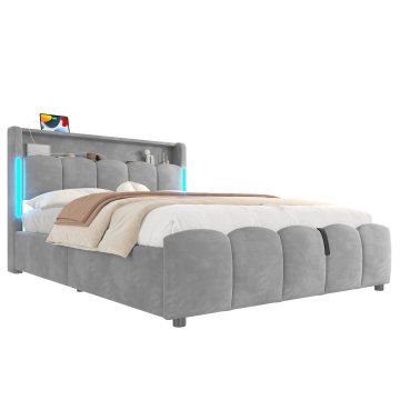 SONNENH Posteljni okvir, 140 × 200 cm, žamet, siva, 224 × 141 × 101 cm, led osvetlitev, priključek usb, za spalnico