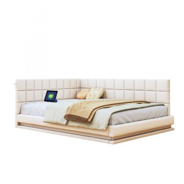 SONNENH Posteljni okvir, 140 × 200 cm, lan, bež, 206 × 147 × 63 cm, led osvetlitev, priključek usb, za spalnico