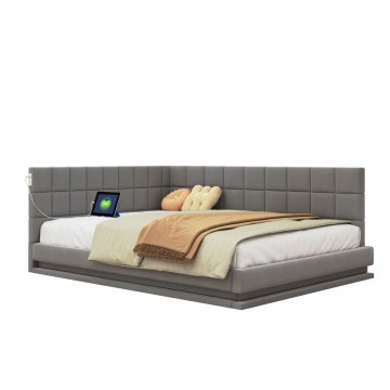 SONNENH Posteljni okvir, 140 × 200 cm, lan, siva, 206 × 147 × 63 cm, led osvetlitev, priključek usb, za spalnico