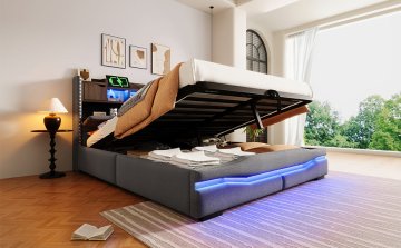 SONNENH Posteljni okvir, 160 × 200 cm, lan, siva, 222 × 166 × 111 cm, led osvetlitev, priključek usb, za spalnico