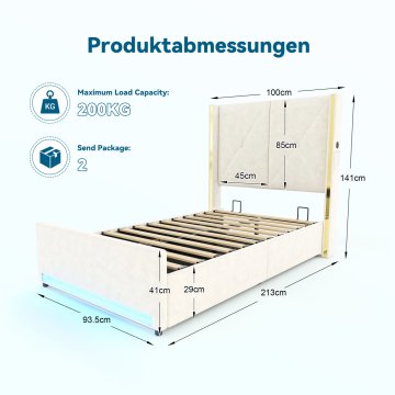 SONNENH Enojna postelja, 90 × 200 cm, žamet, bež, 100 × 213 × 141 cm, led osvetlitev, prostor za shranjevanje, za spalnico