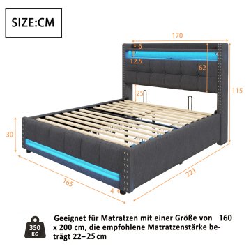 SONNENH Posteljni okvir, 160 × 200 cm, siva, 170 × 221 × 115 cm, led osvetlitev, predali za shranjevanje, za spalnico