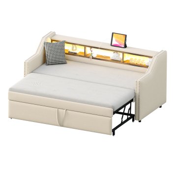 SONNENH Posteljni okvir, 180 × 190 cm, bež, 203.5 × 102 × 74 cm, led osvetlitev, priključek usb, za spalnico