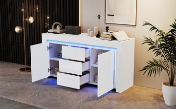 SONNENH Kredenca, 140 × 40 × 65 cm, MDF, bela, led osvetlitev, predali za shranjevanje, za urejeno shranjevanje