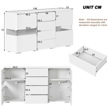 SONNENH Kredenca, MDF, bela, 145 × 35 × 72 cm, led osvetlitev, za urejeno shranjevanje