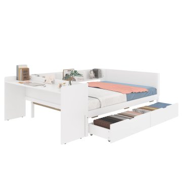 SONNENH Posteljni okvir, 140 × 200 cm, borov les, bela, 242 × 164 × 73 cm, predali za shranjevanje, za spalnico