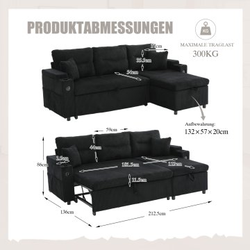 SONNENH Kavč, črna, 212.5 × 136 × 86 cm, prostor za shranjevanje, priključek usb, za dnevno sobo