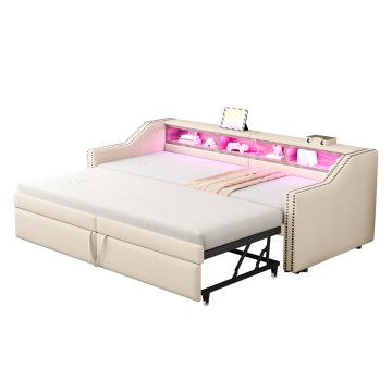 SONNENH Posteljni okvir, 180 × 200 cm, bež, 214 × 102 × 74 cm, led osvetlitev, priključek usb, za spalnico